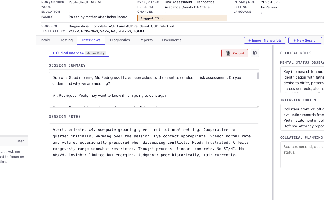 The interview screen, showing a running transcript beside the clinician's observations